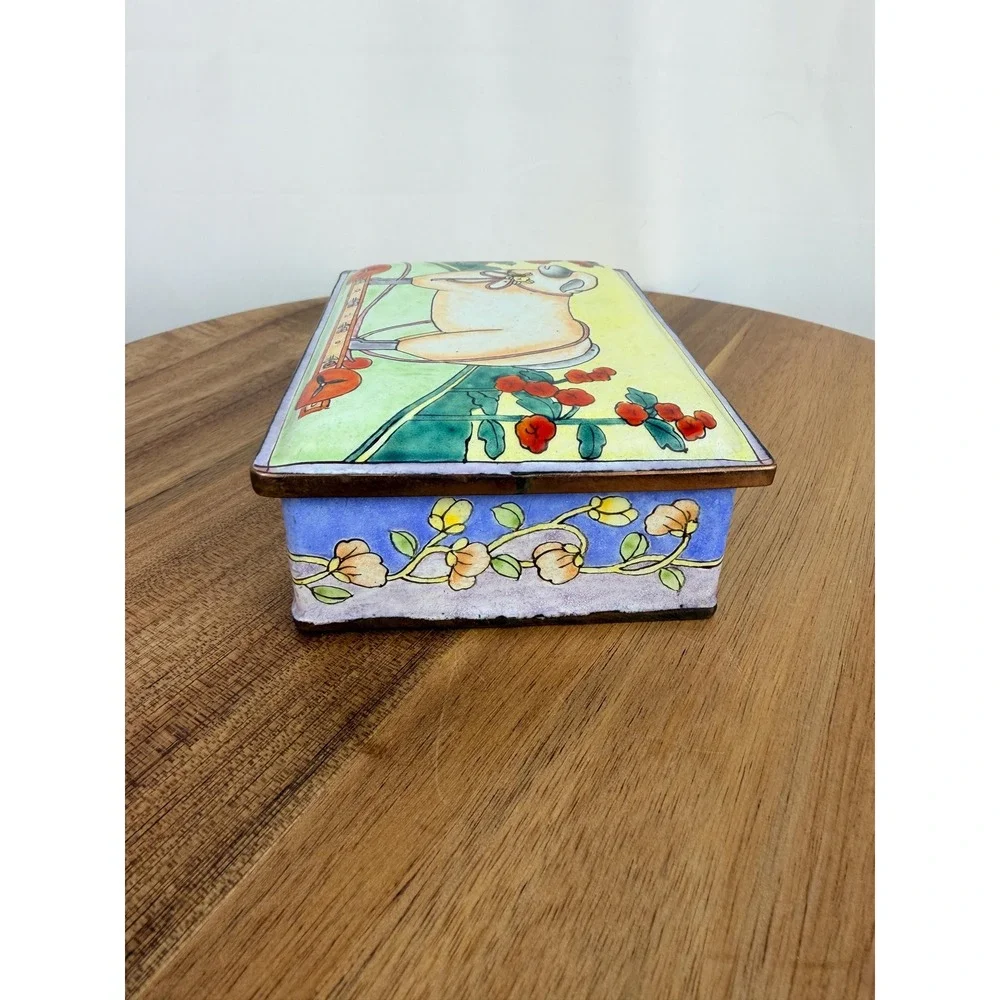 Vintage Sheep Pull Toy Folk Art Trinket Box -Whimsical Enamelware Jewelry Box